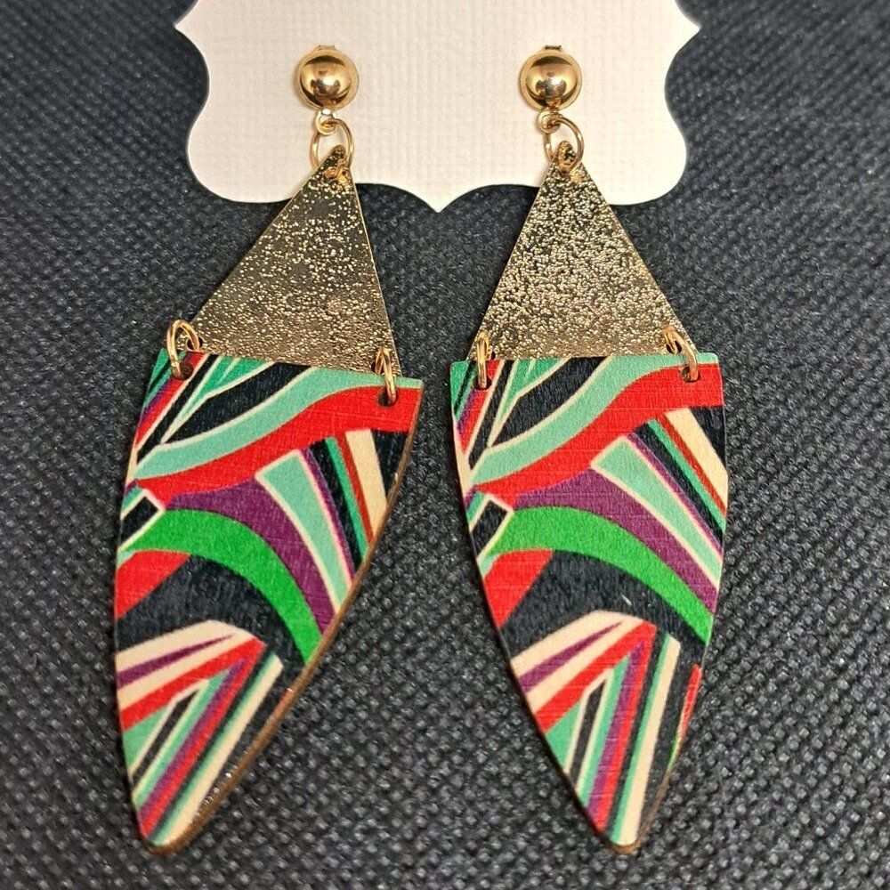 Lightweight Metal and Wood Tribal Dangle Earrings- NWOT